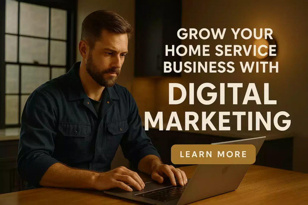 "Focused contractor in a navy blue jumpsuit working on a laptop, exploring digital marketing solutions for home service businesses, with a 'GROW YOUR HOME SERVICE BUSINESS WITH DIGITAL MARKETING' message and a prominent 'LEARN MORE' call-to-action."