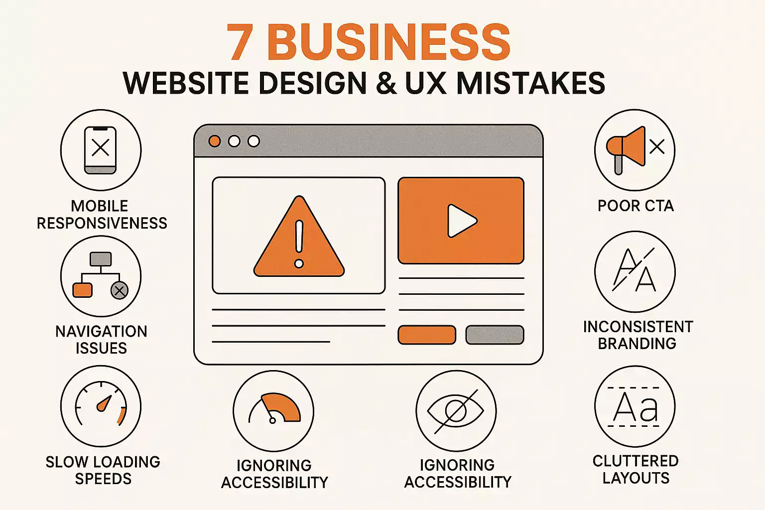 Top 7 UX mistakes to avoid in business website design, including poor mobile responsiveness, slow loading speeds, cluttered layouts, weak CTAs, inconsistent branding, and accessibility issues. Improve user experience and boost conversions with expert UX strategies.