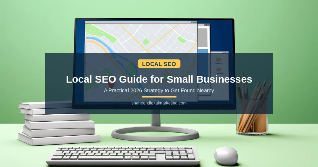 Computer screen showing local map with location pin, representing local SEO strategy for small businesses